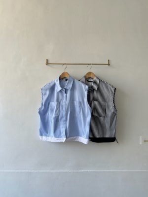 直紋雙口袋無袖襯衫