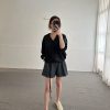 V字襯衫領下抽繩亞麻上衣