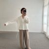 V字襯衫領下抽繩亞麻上衣