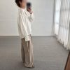 V字襯衫領下抽繩亞麻上衣